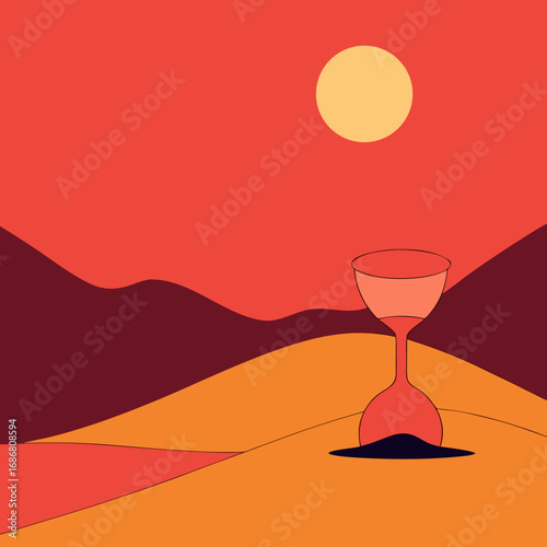 Vector art of an hourglass sits halfburied in desert sand with a setting sun overhead