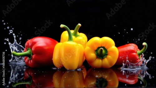Vibrant yellow & red peppers, water splash, black backdrop, water, cuisine