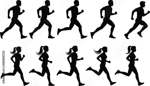 Black silhouette male and female runners in various running stride positions illustrating athletic motion sequence isolated on white background sports illustration