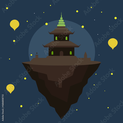 Vector art of floating island with an asian pagoda at night with lanterns
