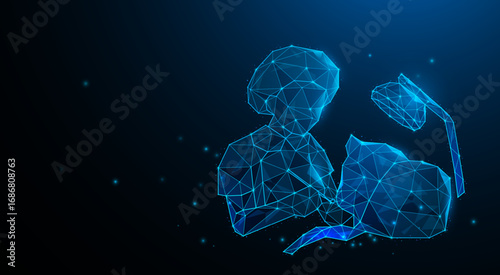 Dentist treating patient, keeping teeth healthy, designed in a techno-graphic style and connected lines.