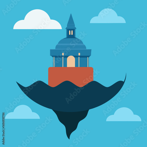 Vector art of floating island with a lighthouse and clouds in a blue sky
