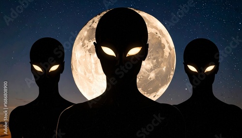 Eerie silhouette of three extraterrestrial beings with glowing eyes standing in front of a large full moon at night