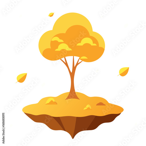 Vector art of autumn tree on floating island with falling leaves