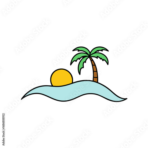 Vector art of stylized illustration of a tropical island with a palm tree and sun