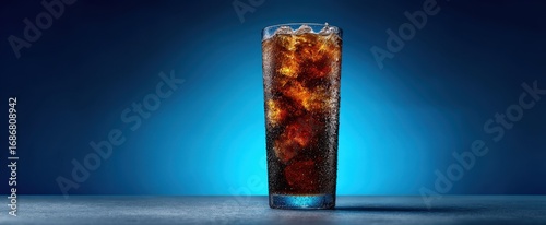 The refreshing glass of cola with ice on a vibrant blue background.