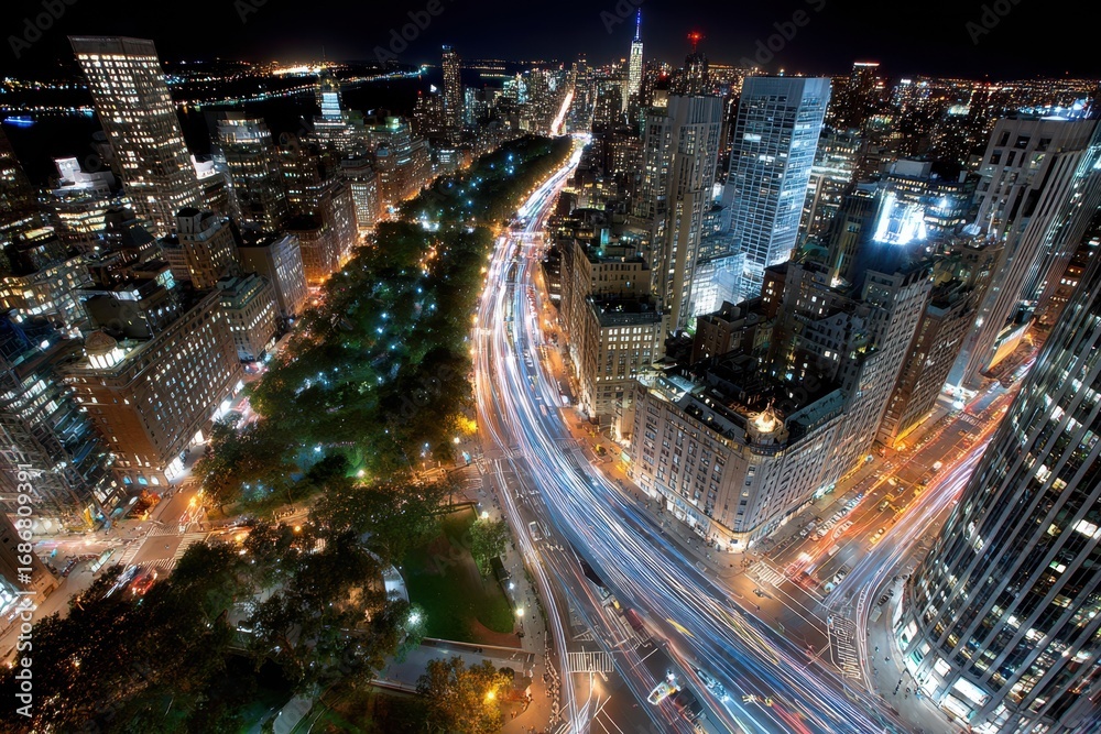 Obraz premium New York City at Night with Light Trails