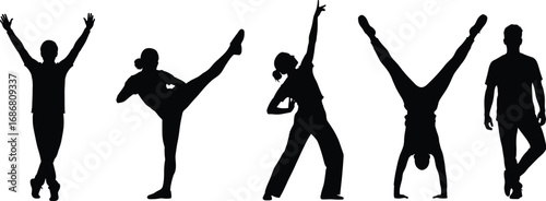 Black silhouette people in dynamic dance, fitness, and gymnastic poses isolated on white background for sports, movement, and activity conceptsBlack silhouette people in dynamic dance, fitness