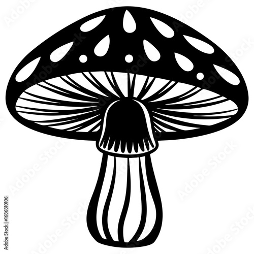 Black and White Silhouette of a Fly Agaric Mushroom with Detailed Gills toadstool