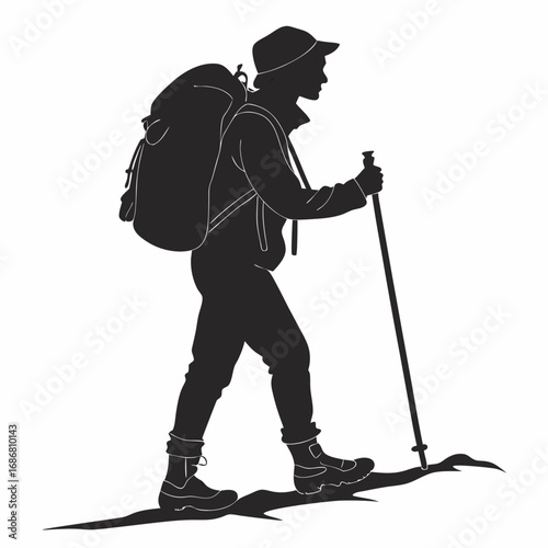 Black silhouette of a hiker with backpack and trekking poles on a white background walking