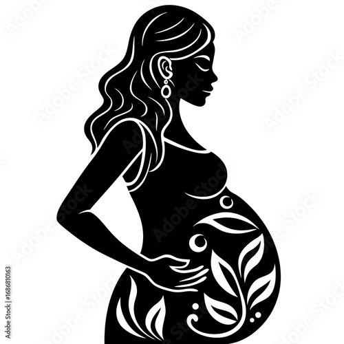 Black silhouette of a pregnant woman with floral belly design and hand on stomach pregnancy expectant mother