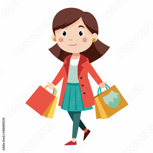 Cartoon woman with brown hair wearing red coat and teal skirt carrying shopping bags girl