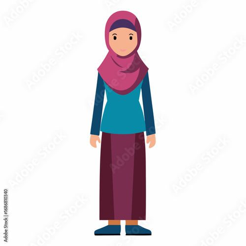 Cartoon woman wearing a pink hijab and blue tunic with a long skirt illustration character