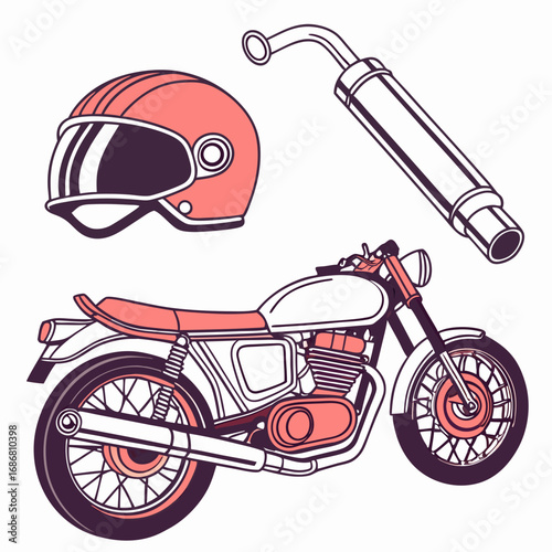 Coral Motorcycle Helmet Exhaust Pipe and Motorcycle Line Art Keywords: motorcycle, motorbike, coral, line art, illustration, drawing, outline, helmet, exhaust pipe, muffler, silencer, motorcycle
