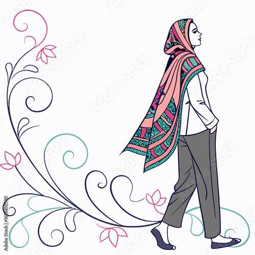 Elegant woman in patterned hijab walking with decorative floral elements fashion