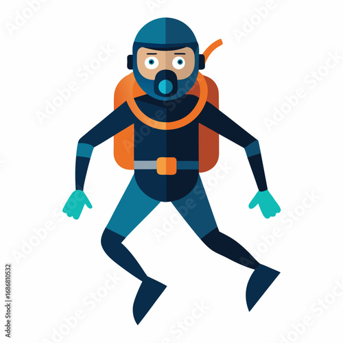 Flat design scuba diver in blue orange and black with backpack and fins diving illustration