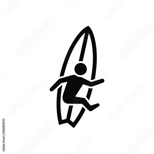 A black silhouette of a person on a surfboard icon vector