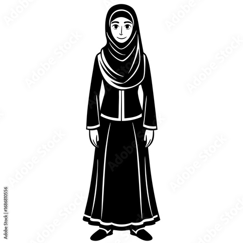 Full Body Illustration of a Muslim Woman in Traditional Hijab and Dress headscarf standing
