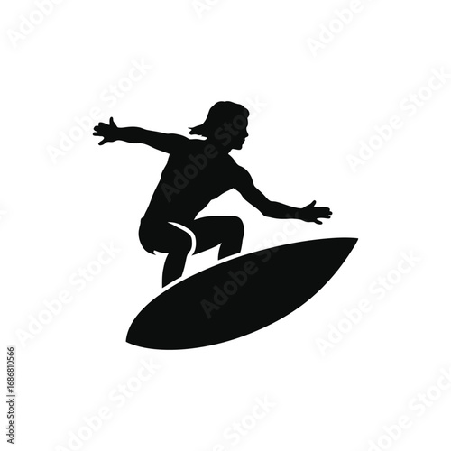 A black silhouette of a person on a surfboard icon vector