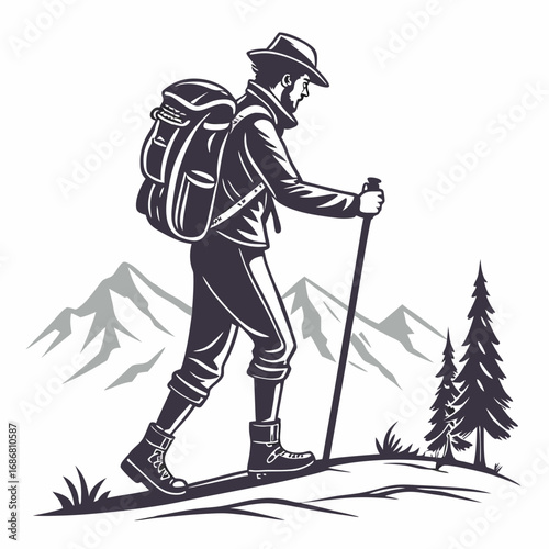 Hiker with backpack and trekking pole walking in mountainous landscape Keywords: hiker, trekking, walking, backpack, hiking, adventure, outdoor, sport, travel, journey, exploration, nature
