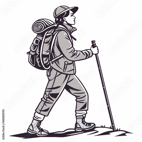 Hiker with backpack and trekking pole walking on white background Keywords: hiker, trekking, walking, backpack, hiking, adventure, outdoor, sport, travel, journey, exploration, nature, equipment