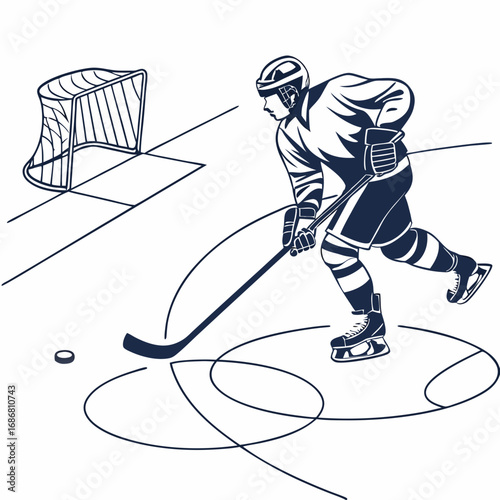 Ice Hockey Player Skating Towards Net with Puck on Rink vector illustration