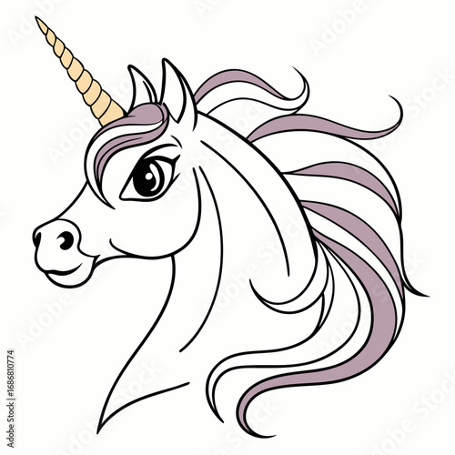 Line art drawing of a unicorn head with a colored mane and horn on a white background horse mythical