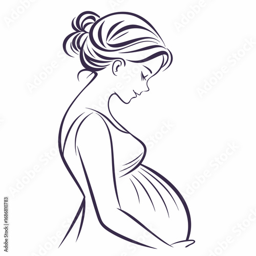 Line art illustration of a pregnant woman with her hands on her belly silhouette pregnancy