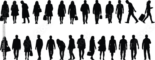 Black silhouette people walking and standing in various poses with bags, backpacks, and suitcases isolated on white background illustration