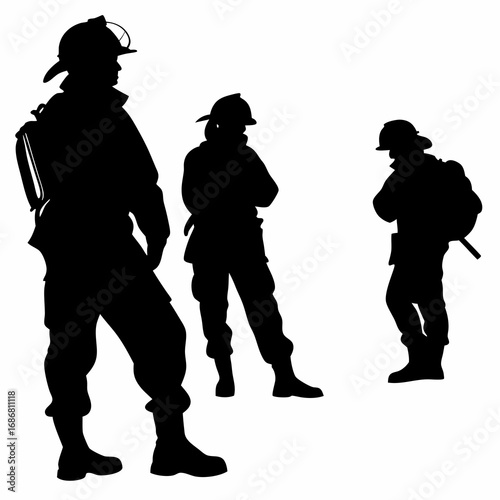 Silhouette of three firefighters standing together in discussion or briefing group people