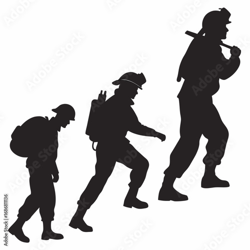 Silhouette of three firefighters walking uphill with one carrying a tool on his shoulder climbing slope