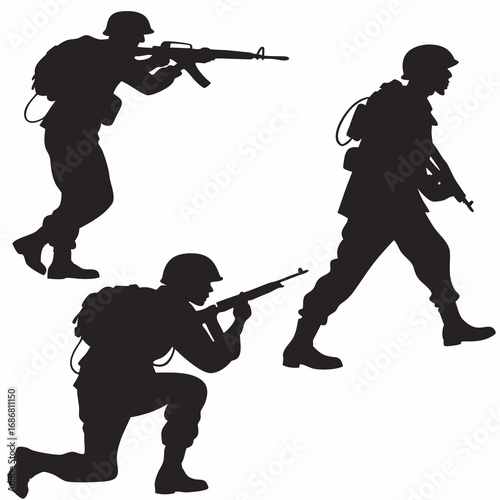 Silhouette of three soldiers in combat poses with rifles on a white background military army