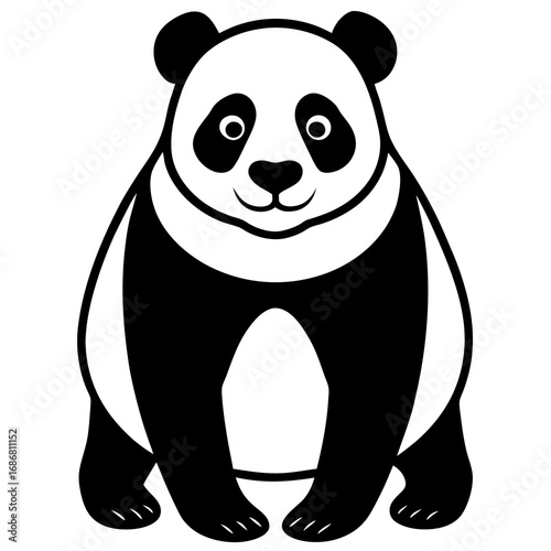 Simple black and white illustration of a seated giant panda bear with distinct black eye patches and ears