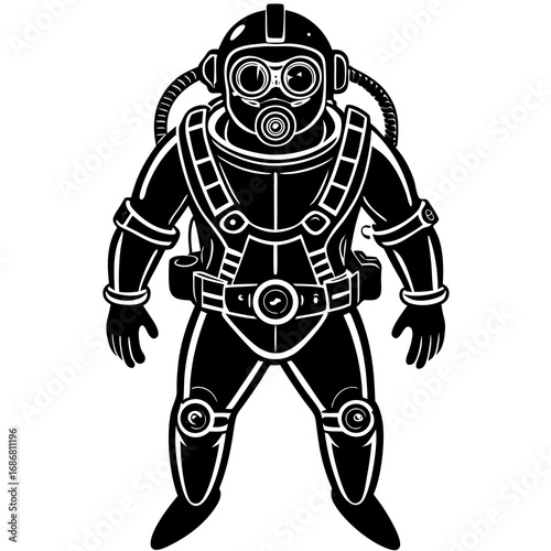 Stylized black and white illustration of a diver in a full suit with scuba gear and helmet diving underwater