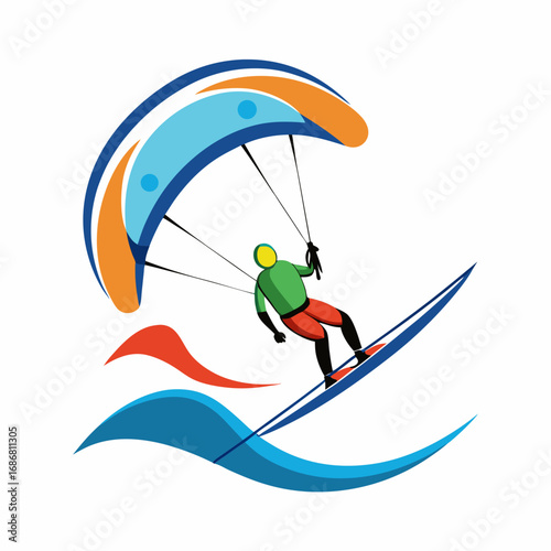 Stylized illustration of a kitesurfer with a colorful kite and abstract waves kitesurfing kiteboarding