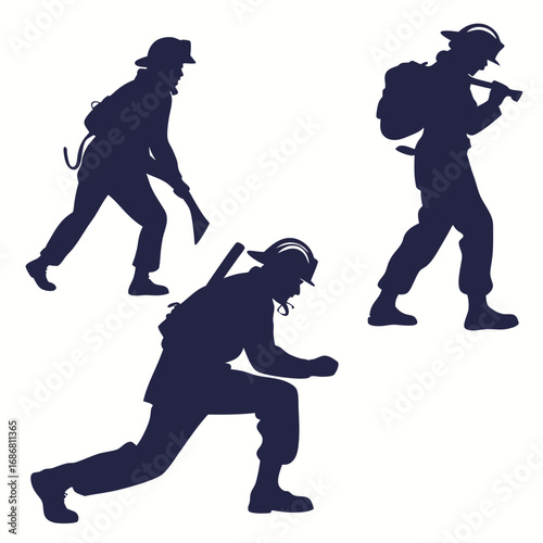 Three Firefighter Silhouettes in Action Poses with Tools on White Background movement