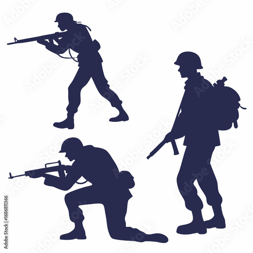 Three Dark Blue Silhouettes of Soldiers in Combat Poses with Rifles on White Background military army