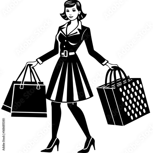 Stylized Woman with Shopping Bags in Black and White fashion style