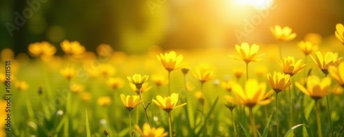 Golden sunlit meadow, vibrant yellow summer blooms, plant, wildflower, picturesque