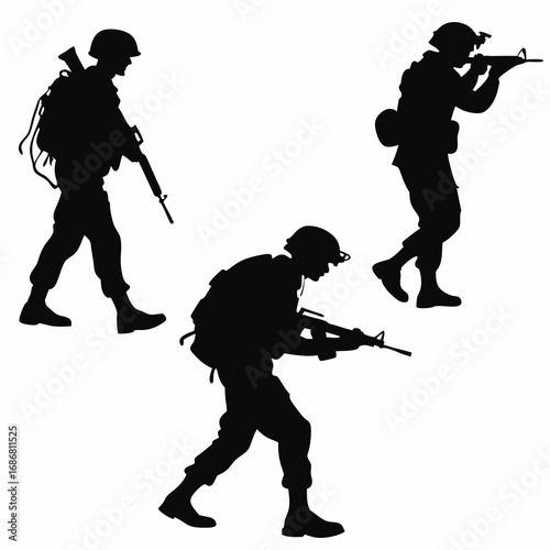 Three Silhouettes of Soldiers in Combat Poses with Rifles on White Background military army