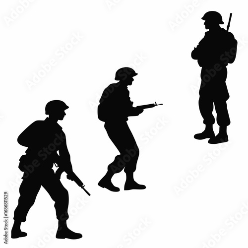 Three Silhouettes of Soldiers with Rifles in Different Poses on White Background military army