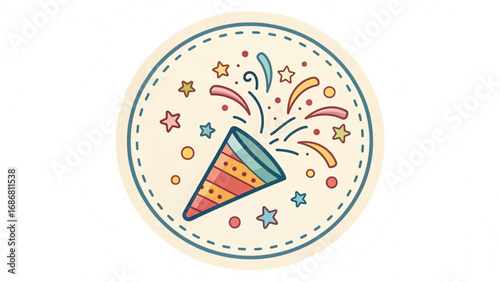 Colorful party popper exploding with confetti and stars