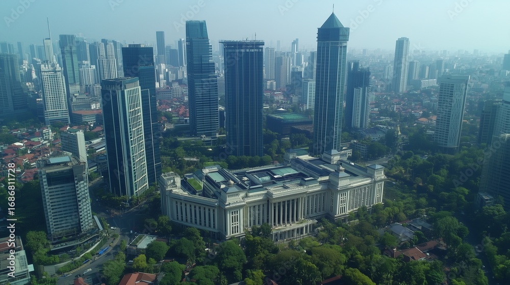 Fototapeta A city with tall buildings and trees. Aerial view of the parliament building in indonesian aerial view realistic dpr/mpr video. A field of skyscrapers with a 4k resolution of lifestyle the city.