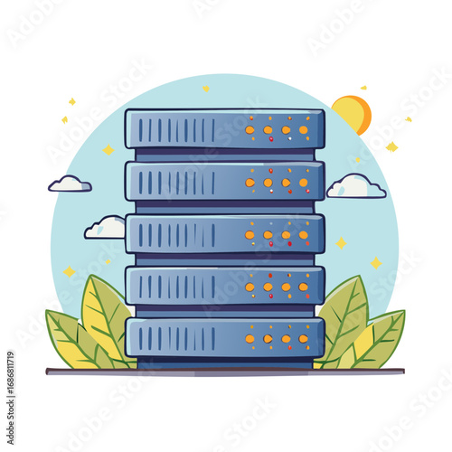 Stacked digital servers illustration with blue sky sun clouds and green leaves
