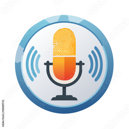 Orange microphone icon with sound waves inside of a blue circle graphic