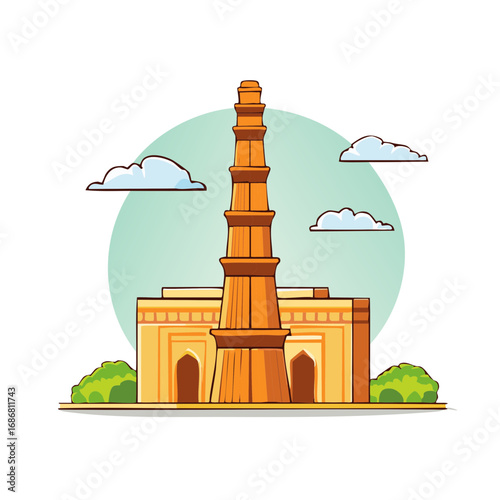 Illustration of a tall building with a tower, surrounded by clouds and greenery.