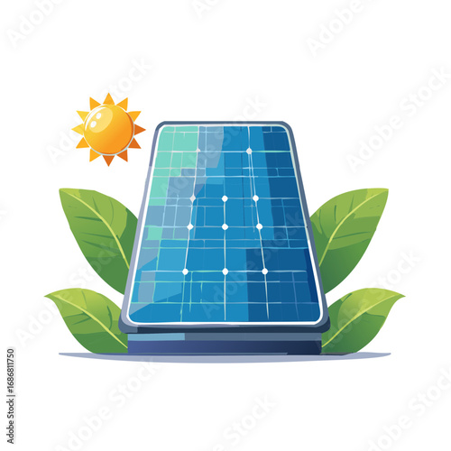 Solar panel generating clean energy with shining sun and green leaves illustration