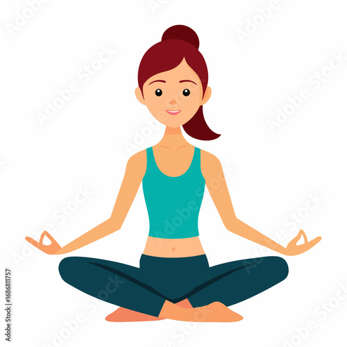 Woman in Lotus Pose Meditating with Eyes Closed and Hands in Mudra on White Background yoga meditation