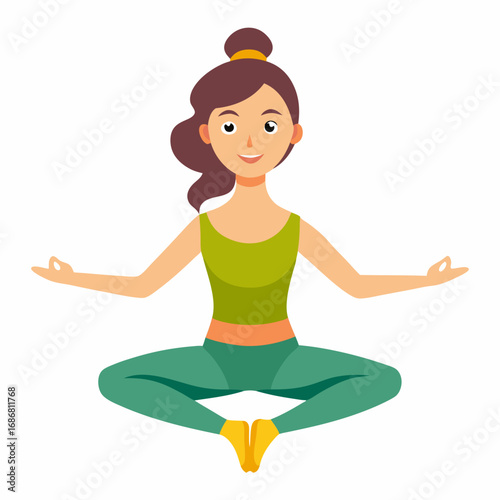Woman in green and yellow outfit meditating in lotus position with hands in mudra on white background