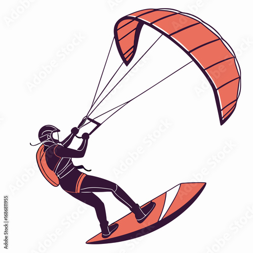 A kitesurfer riding a board, holding a kite with lines, in a dynamic pose kitesurfing kiteboarding